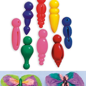 May include: Assortment of colorful plastic butterfly making tools. The tools are shaped like butterflies and have different colors, including red, blue, green, yellow, and pink. The tools are used to create paper butterflies.