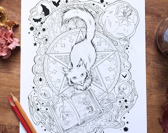 Witchy Halloween Cat Printable Coloring Sheet | Pagan Colouring Page for Adults
