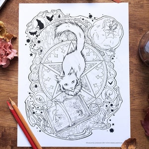 Witchy Halloween Cat Printable Coloring Sheet | Pagan Colouring Page for Adults