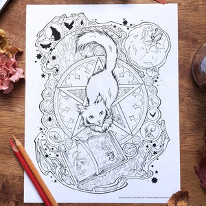 Witchy Halloween Cat Printable Coloring Sheet Pagan Colouring Page for Adults image 1