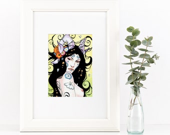 Flora & Faun Art Print, 5x7 Fantasy Art, Satyr Watercolor, Summer Goddess, Faerie Folk, Pagan Nature Spirit, Wild Beauty Woman Art, Celtic