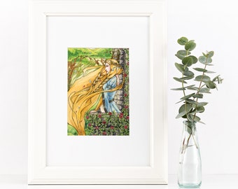 Rapunzel Fairy Tale Art, 5x7 Print, Fantasy Watercolor Illustration, Fairytale Nursery Art Gift, Castle Tower, Medieval Princess, Rose Vine