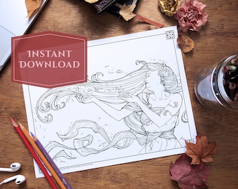 Art Nouveau Autumn Goddess Coloring Page: Mucha Style (PDF Download)