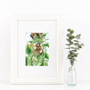 Jack&#39;s Great Flight Classic Fairy Tales Art Print, 5x7 Nursery Art, Jack and the Beanstalk Magic Beans Fee Fi Fo Fum, Medieval Fantasy Art