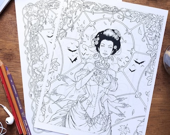 Victorian Vampire Coloring Sheet for Adults | Gothic Halloween Printable Download