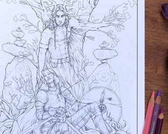 Forest God and Elf Knight Printable Coloring Page | Cernunnos Inspired Gorgeous Detailed Coloring Sheet Download for Grownups