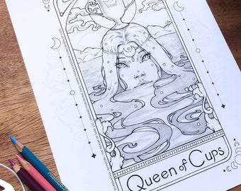 Queen of Cups Tarot Card Grayscale Coloring Page | Minor Arcana Esoteric Coloring Sheet for Adults