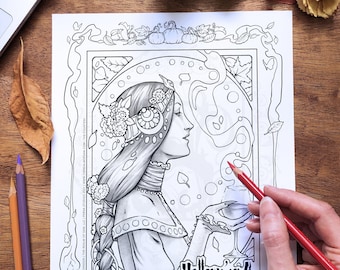 Vampire Countess Art Nouveau Coloring Page | Gorgeous Grayscale and Line Art Fantasy Halloween Printables
