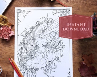 Autumn Goddess Coloring Page: Fall Fairy Art Nouveau (PDF Files)