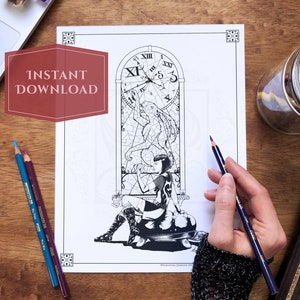 5 Files Twisted Wonderland Adventures Printable Coloring Page for Adults | Fairy Tale Coloring Sheet, Alice, White Rabbit, Gothic Wonderland