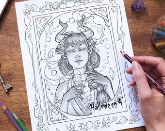 Cute Demon Girl Halloween Coloring Sheet | Art Nouveau Grayscale Coloring Page for Grownups