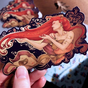 Autumn Goddess Sticker | Autumn Fantasy Art, Redhead, Fall Colors, Red Hair Woman, Art Nouveau, Journal Sticker, Mucha Stationary