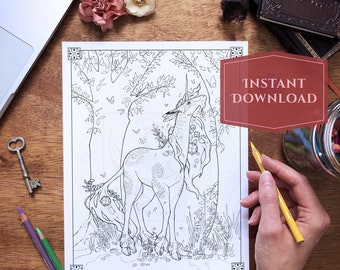 Enchanted Unicorn Coloring Page for Adults | Magical Summer Forest Printable, Fantasy Line Art for Watercolors