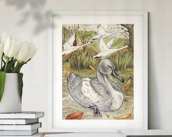 The Ugly Duckling Watercolor Print, 9x12 Fairy Tale Art, Woodland Fantasy Art, Baby Swan Painting, Wildlife Nursery Art, Cygnet, Autumn Art