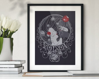 Snow White Poison Apple Art Print, Gothic Fairy Tale, 9x12
