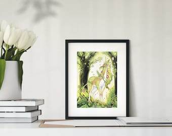 Unicorn Watercolor Art Print: Heart of the Forest, Fantasy Illustration (5x7)