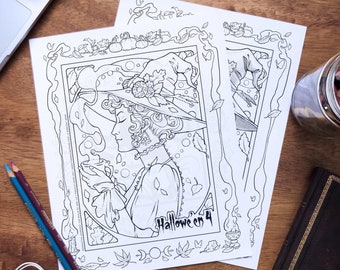 Pretty Autumn Halloween Witch Coloring Sheet With Grayscale Option | Beautiful Art Nouveau Line Art for Digital and Traditional Coloring