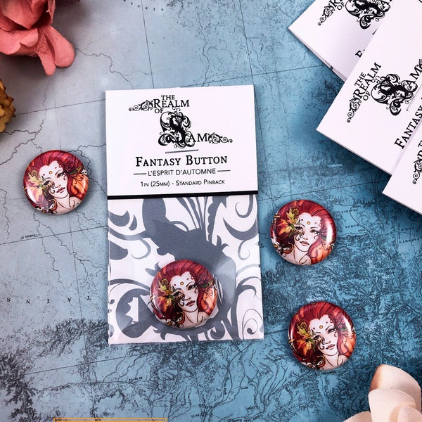 L'Esprit d'Automne Fantasy Button, Autumn Goddess Pin, Autumn Faerie Art, Harvest, Colorful Fall Pin, Redhead Woman Art, Nature Spirit