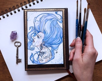 Blue Tattooed Woman Small Watercolor Print | Virgo Vibes Art Nouveau Goddess, Blue Hair Portrait, Blue and White Airy Wall Art