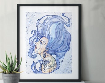 Blue, Emotional Watercolor, Fantasy Wall Decor, Blue Hair Goddess, Sad Watercolor, Tattooed Woman Painting, Exhale Vapor Art, Smoke, Broken
