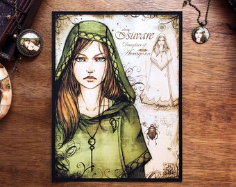 Girl in a Green Cloak Fantasy Art Print | D&D Character Art, YA Novel Art, Fantasy Illustration, Fairy Core Wall Art