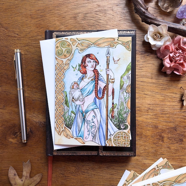 Danu Greeting Card | Goddess Stationary, Fantasy Watercolor, Celtic Goddess Art, Tuatha De Danann, Pagan, Warrior Woman