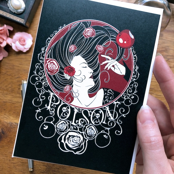 Gothic Snow White Card | Poisoned Apple, Witchy Card, Dark Fairy Tale Art, Goth Stationery, Black and Crimson Wall Art, Alternative Birthday