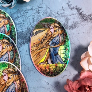 Rapunzel Sticker, Fairytale, Holographic Vinyl, Fantasy Art Sticker, Laptop, Waterbottle Sticker, Fairy Tale Gift, Medieval Princess Art