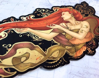 Autumn's Kiss, XXL Vinyl Sticker, Autumn Art Nouveau Goddess, Fall Leaves, Autumn Fantasy Art, Large Sticker, Redhead Goddess Red Hair Woman