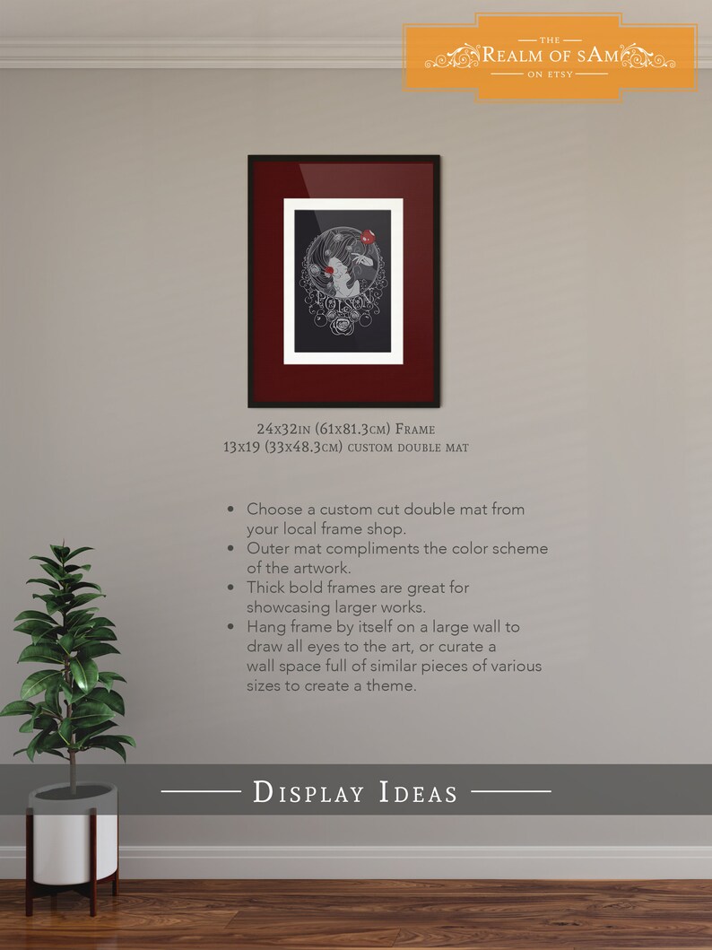 May include: A black and white illustration of a woman with a red rose in her hair. The illustration is framed in a black frame with a red mat. The frame is 24x32 inches (61x81.3 cm) and the mat is 13x19 inches (33x48.3 cm). The image is titled "The Realm of Sam" and is available on Etsy.