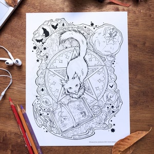 Witchy Halloween Cat Printable Coloring Sheet Pagan Colouring Page for Adults image 6
