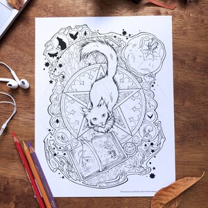 May include: A black and white line art coloring page featuring a cat sitting on a pentagram with a book and other magical symbols surrounding it. The text "Samantha Johnson 2013 www.11133.com" is at the bottom of the page.