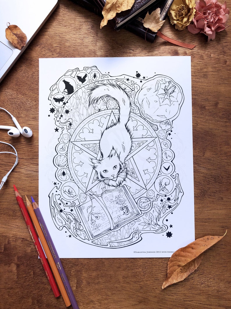 May include: A black and white line art coloring page featuring a cat sitting on a pentagram with a book and other magical symbols surrounding it. The text "Samantha Johnson 2013 www.11133.com" is at the bottom of the page.