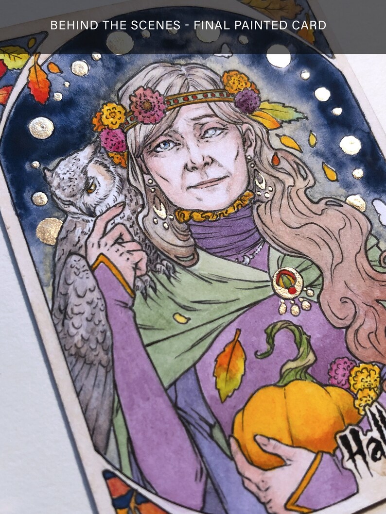 Beautiful Old Witch & Owl Grayscale Printable Coloring Sheet Art Nouveau Inspired Halloween Coloring Page for Adults image 9