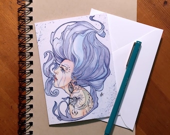 The Coalescence of an Evanescent Miasma Greeting Card, Blue Fantasy Stationary, Tattoo Woman Card, Blue Hair Goddess Tears, Crying Woman Art