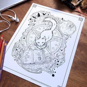 May include: A black and white coloring page featuring a cat with a long tail standing on a pentagram. The cat is surrounded by various symbols and designs, including a book, a pumpkin, and a bat. The text "SAMANTHA JOHNSON 2015 WWW.THEREALMOPAN.COM" is at the bottom of the page.