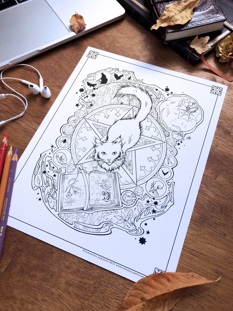 May include: A black and white coloring page featuring a cat with a long tail standing on a pentagram. The cat is surrounded by various symbols and designs, including a book, a pumpkin, and a bat. The text "SAMANTHA JOHNSON 2015 WWW.THEREALMOPAN.COM" is at the bottom of the page.