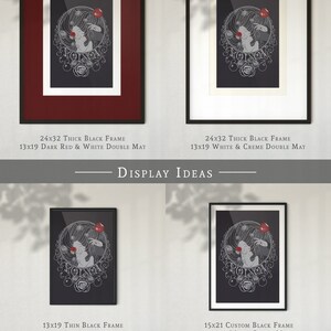 May include: A digital illustration of a woman with a red apple in her hand. The woman is surrounded by roses and the word "Poison" is written in a decorative font. The image is shown in four different framing options, including a thick black frame with a dark red and white double mat, a thick black frame with a white and creme double mat, a thin black frame, and a custom black frame with a white single mat.