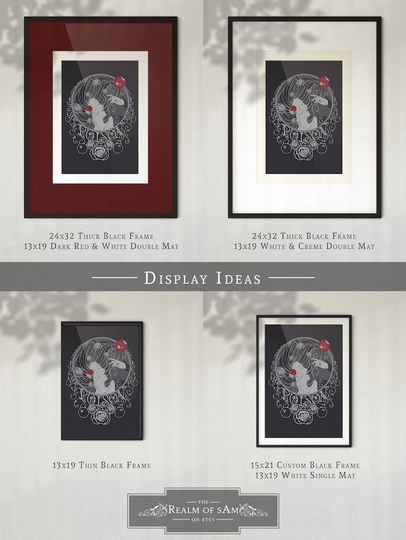 May include: A digital illustration of a woman with a red apple in her hand. The woman is surrounded by roses and the word "Poison" is written in a decorative font. The image is shown in four different framing options, including a thick black frame with a dark red and white double mat, a thick black frame with a white and creme double mat, a thin black frame, and a custom black frame with a white single mat.
