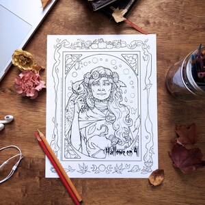 Beautiful Old Witch & Owl Grayscale Printable Coloring Sheet Art Nouveau Inspired Halloween Coloring Page for Adults image 2