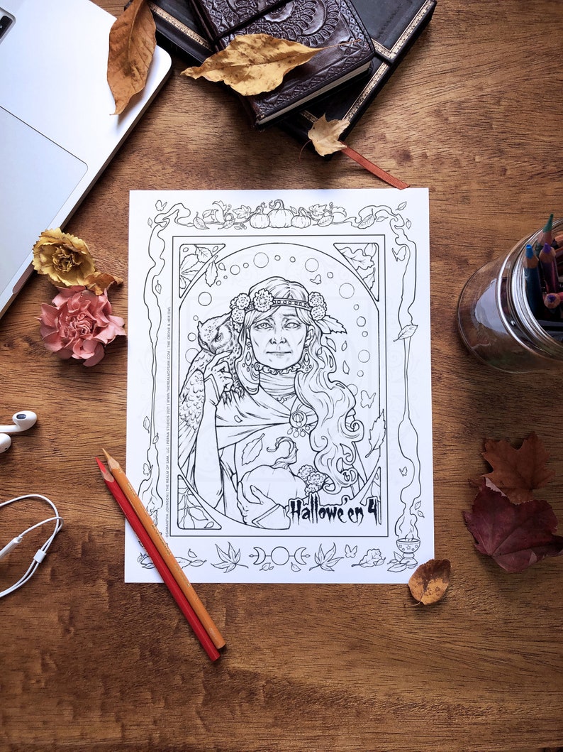Beautiful Old Witch & Owl Grayscale Printable Coloring Sheet Art Nouveau Inspired Halloween Coloring Page for Adults image 2