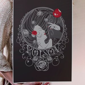 May include: A black and white illustration of a woman with long flowing hair, holding a red apple. The word "Poison" is written in a decorative font around her. The background is black.