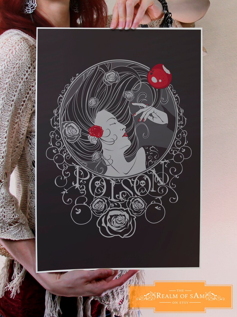May include: A black and white illustration of a woman with long flowing hair, holding a red apple. The word "Poison" is written in a decorative font around her. The background is black.