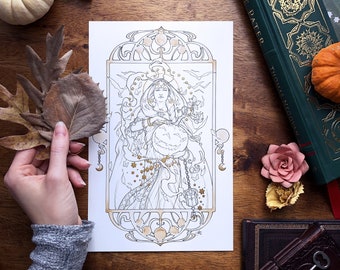 Original Art Nouveau Witch Drawing with Gold Leaf | Occult Art, Pagan Goddess, Samhain, Halloween Illustration, Watercolor, Woman, Mystic