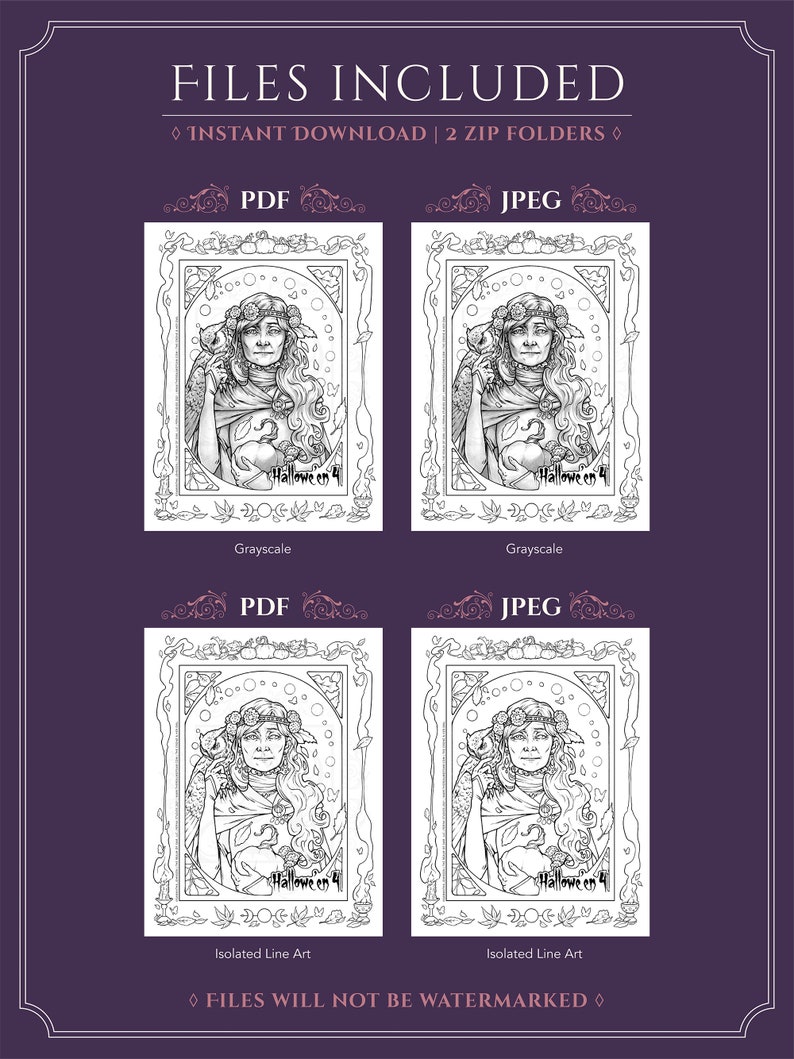 Beautiful Old Witch & Owl Grayscale Printable Coloring Sheet Art Nouveau Inspired Halloween Coloring Page for Adults image 10