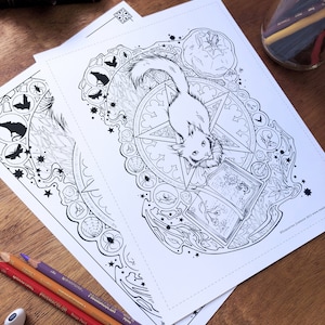 May include: A black and white coloring page featuring a cat sitting on a pentagram with a book and other magical elements. The cat has a surprised expression and is surrounded by stars and other symbols.