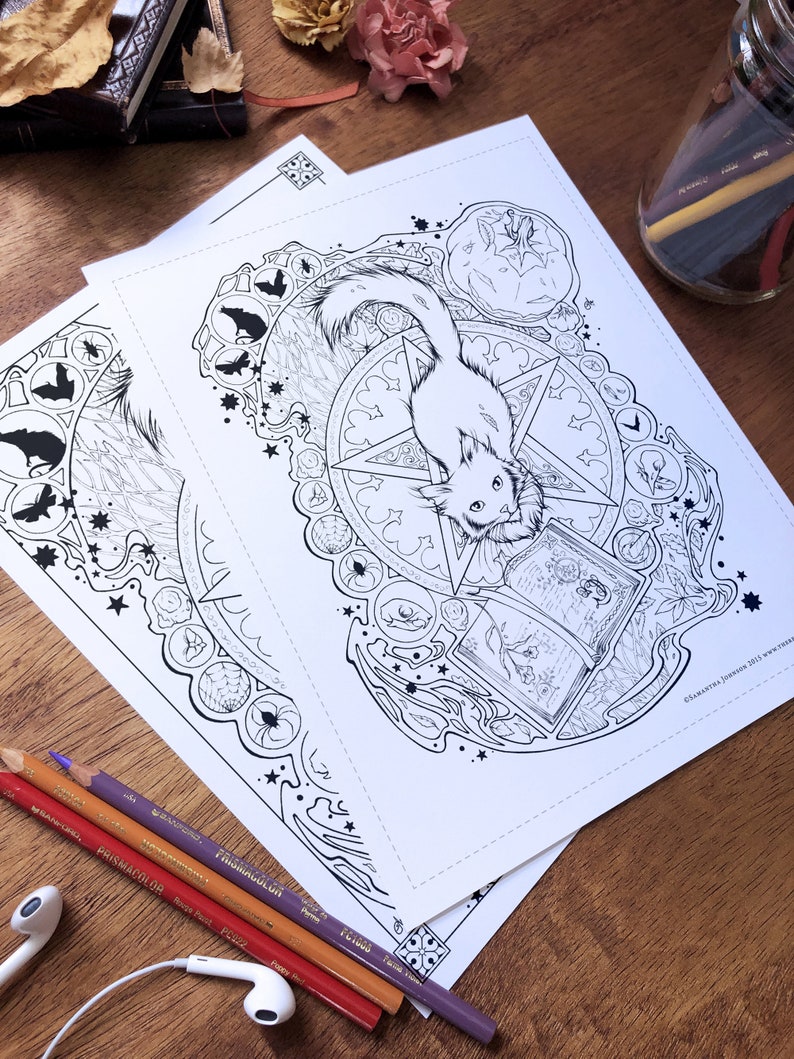 May include: A black and white coloring page featuring a cat sitting on a pentagram with a book and other magical elements. The cat has a surprised expression and is surrounded by stars and other symbols.
