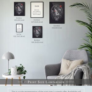 May include: A print size comparison chart showing different sizes of a black and white illustration of a woman with a red rose in her hair. The artwork is titled "Poison" and is available in 5x7 inches, 8x10 inches, 9x12 inches, 11x14 inches, and 13x19 inches.