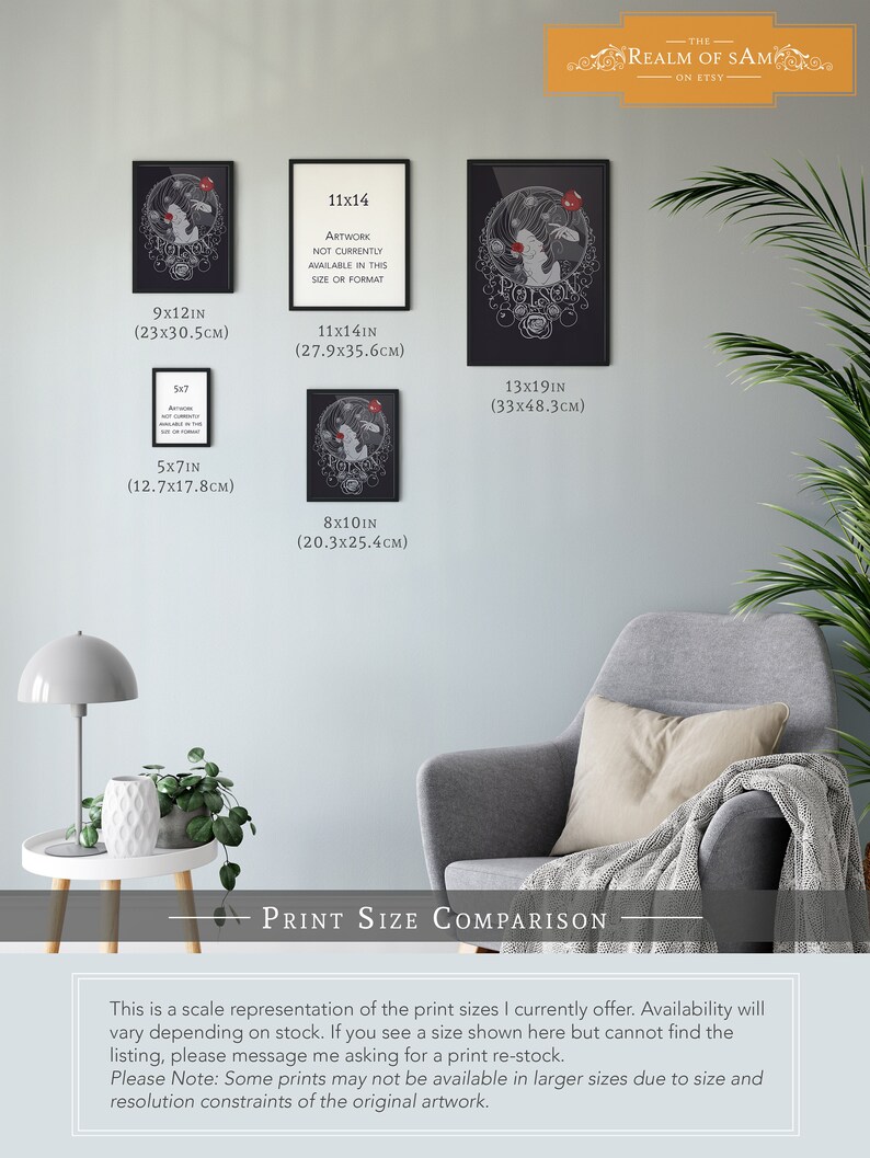 May include: A print size comparison chart showing different sizes of a black and white illustration of a woman with a red rose in her hair. The artwork is titled "Poison" and is available in 5x7 inches, 8x10 inches, 9x12 inches, 11x14 inches, and 13x19 inches.
