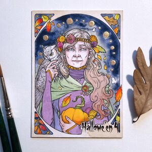 Beautiful Old Witch & Owl Grayscale Printable Coloring Sheet Art Nouveau Inspired Halloween Coloring Page for Adults image 8
